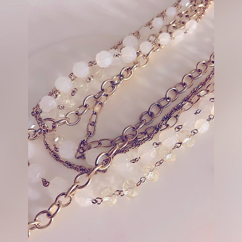 Necklace C Opalite, crystal (faux) beads, gold Multistrand shortest is 20”